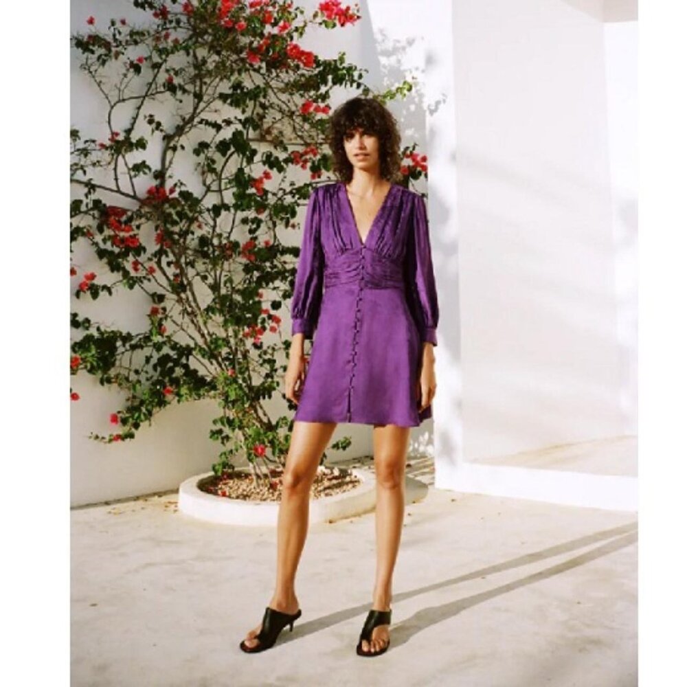 Zara Purple/Lilac Jacquard Midi V-neck Dress size M
